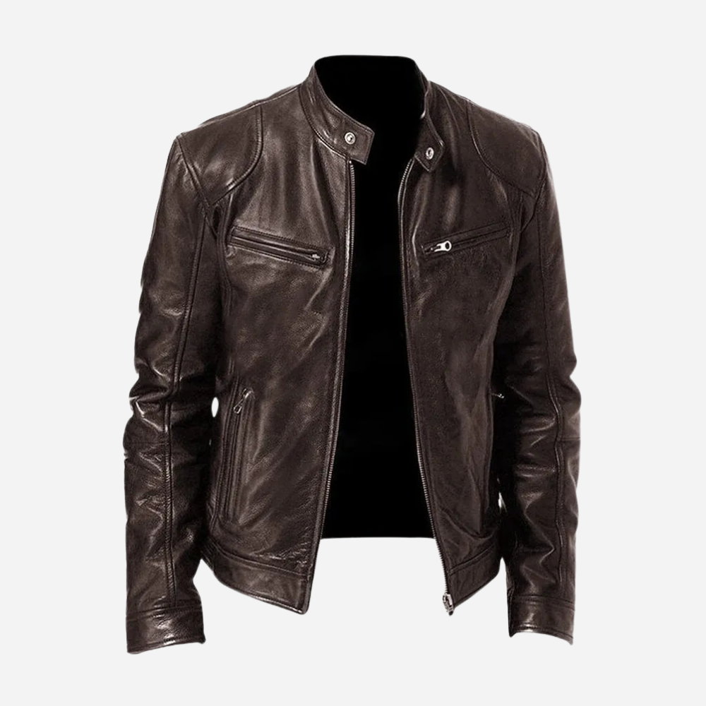Veste Biker Homme en Cuir Véritable Slim Fit Col à Pressions et Fermeture Éclair