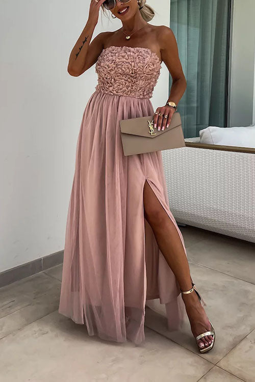 Robe Maxi Sans Bretelles Amawinc Buste Texturé Avec Fente Élevée Et Coupe Fluide Élégante