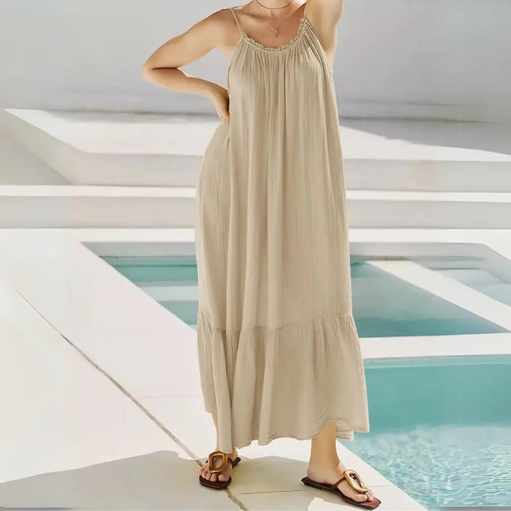 Robe Maxi En Mousseline De Coton Georgina Froncée Été Léger Et Confortable Amawinc