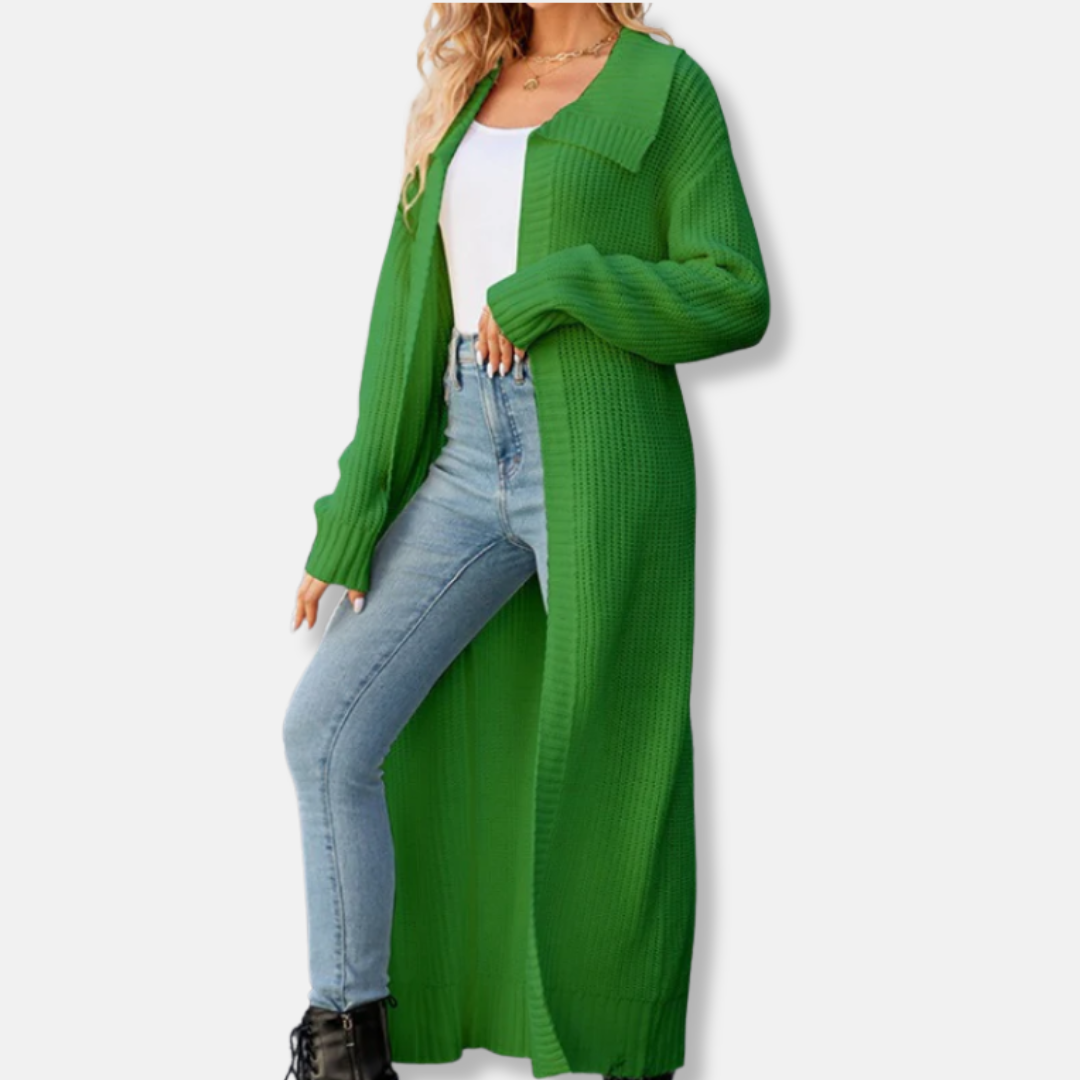 Cardigan Femme En Maille Laine Mélangée Coupe Ample Maxi Longueur Grand Revers Poignets Côtes Nordisk Flair Amawinc