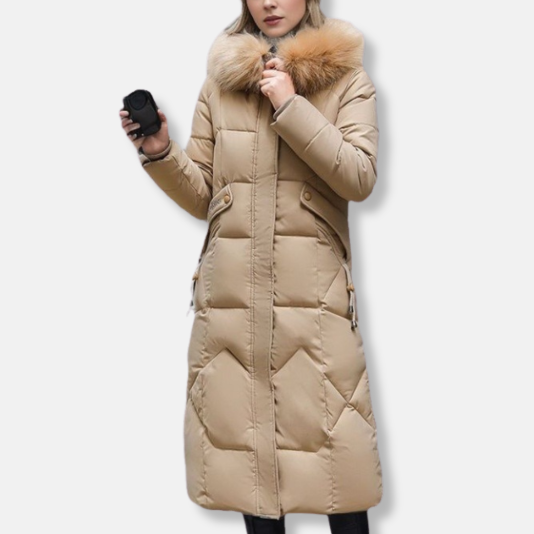 Manteau Long Matelassé Femme Coupe Slim Col Fourrure Détachable Élégant et Chaud