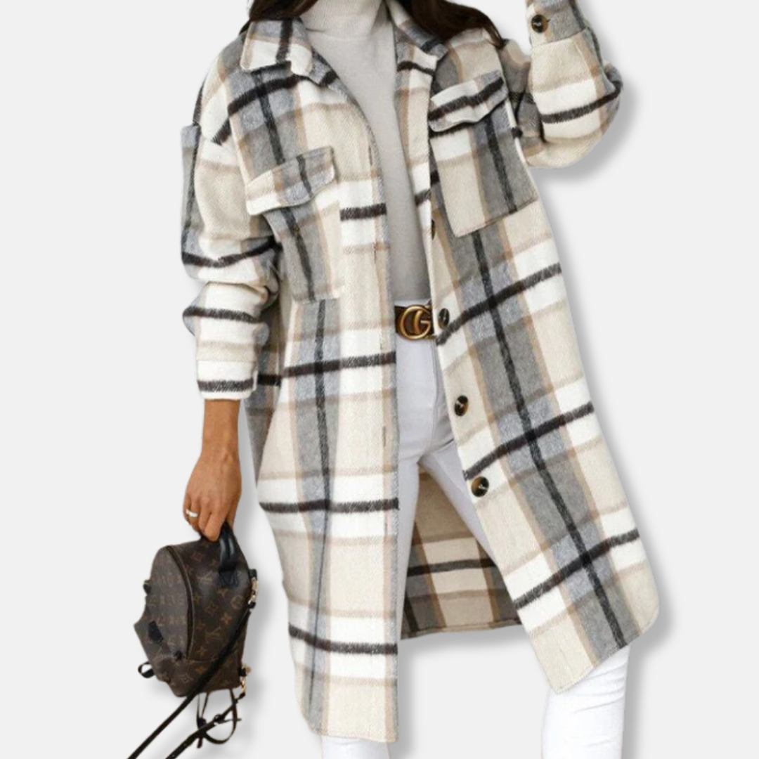 Manteau Chemise Femme En Tissu Épais à Motif Carreaux Manches Longues Longueur Mi Cuisses Coupe Ample