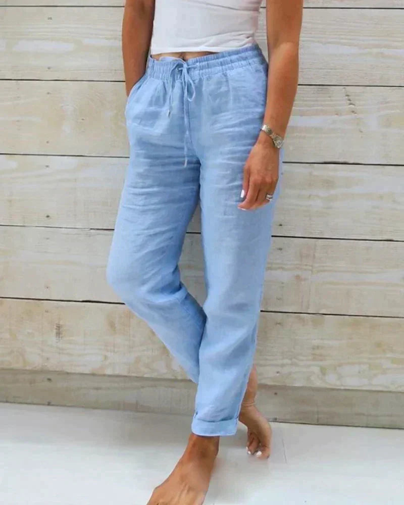 Pantalon Femme Mélange Lin Léger Confort Décontracté Taille Élastique Avec Cordon Longueur Cheville Nordic Flair