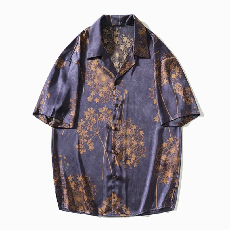 Amawinc Verant Chemise Imprimé Floral Manches Courtes Fini Satin Rouille Brun Confortable et Lavable Toute la Journée