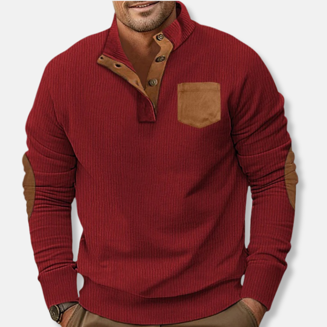 Sweatshirt Homme En Maille Côtelée Col Montant Patches Coudes Contrastants Pour Quotidien
