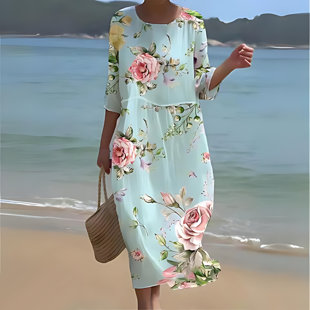 Robe Midi Florale Femme Légère Et Aérée Imprimé Floral Manches Trois Quarts Encolure Ronde Pour Été Confort
