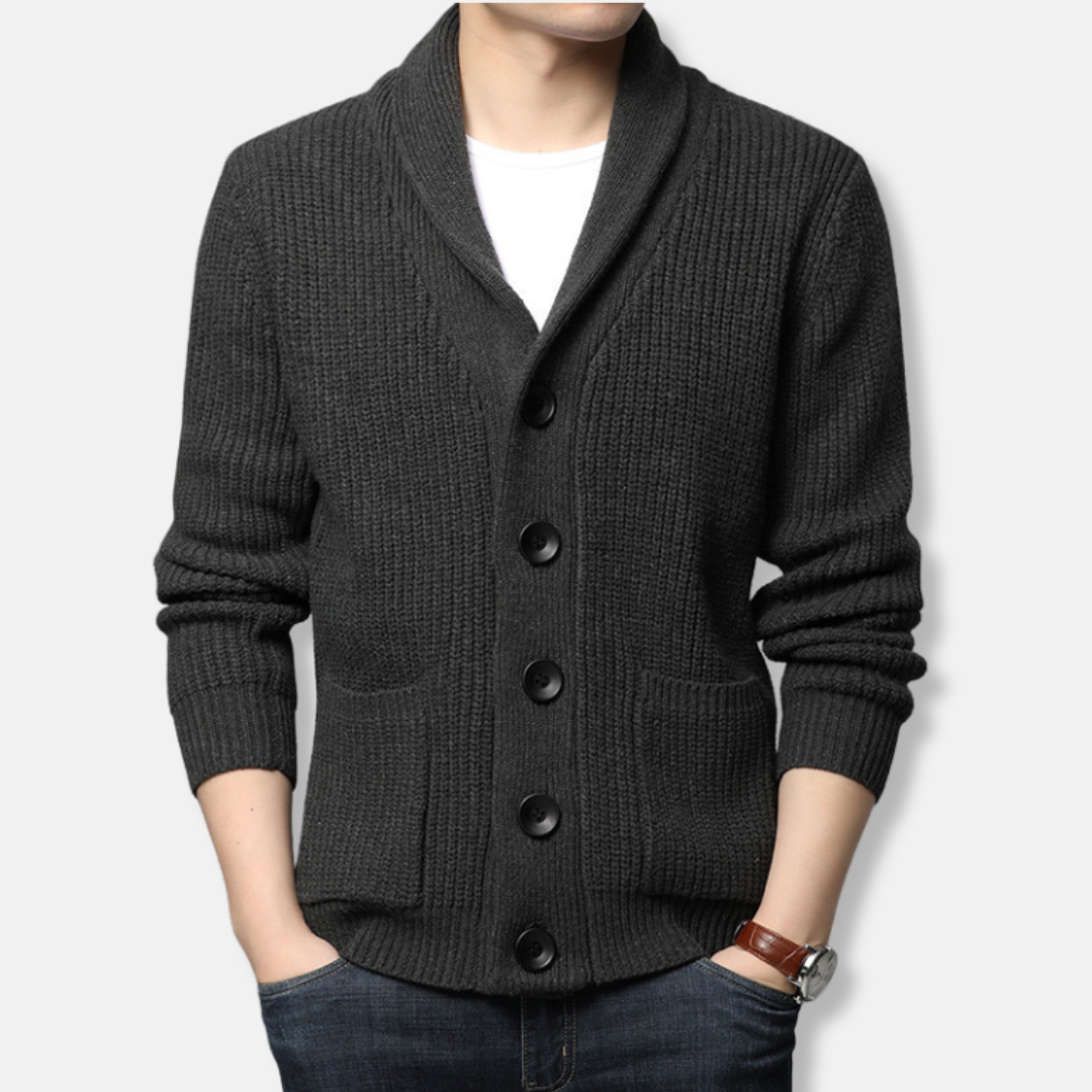 Cardigan Homme En Maille Côtée Avec Col Châle Boutonné Et Poches Plaquées Pour Une Élégance Décontractée
