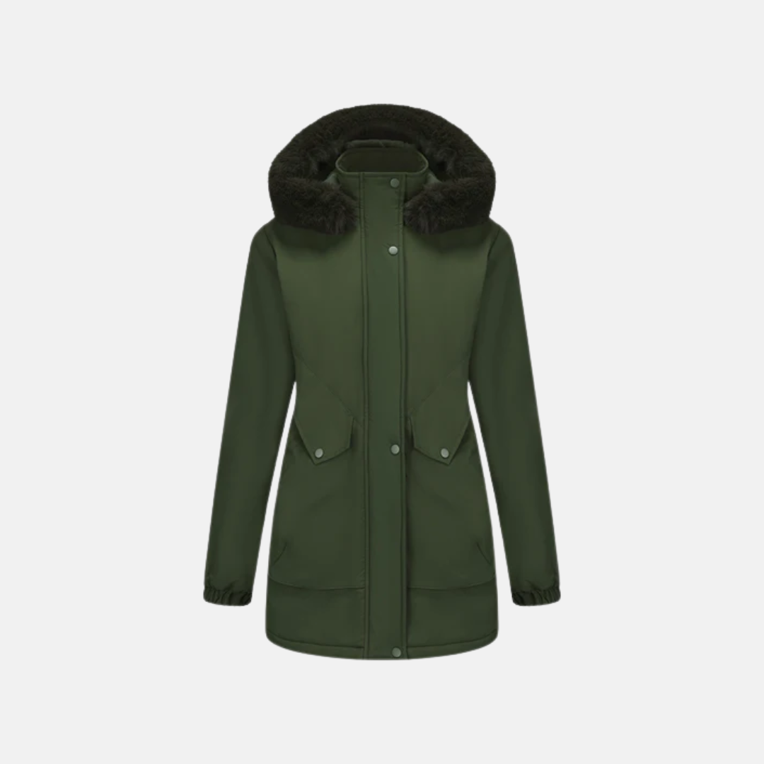 Parka Femme Mi Longue Avec Capuche En Fourrure Synthétique Ajustable Taille Fermeture À Pression
