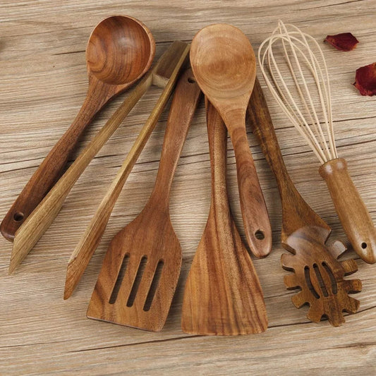 Minimalist Wooden Cooking Utensils Set with Ergonomic Handles - Amawinc