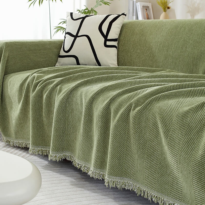 Jeté en Chenille Motif Chevron avec Bordure Pompons pour Canapé Confortable Élégant
