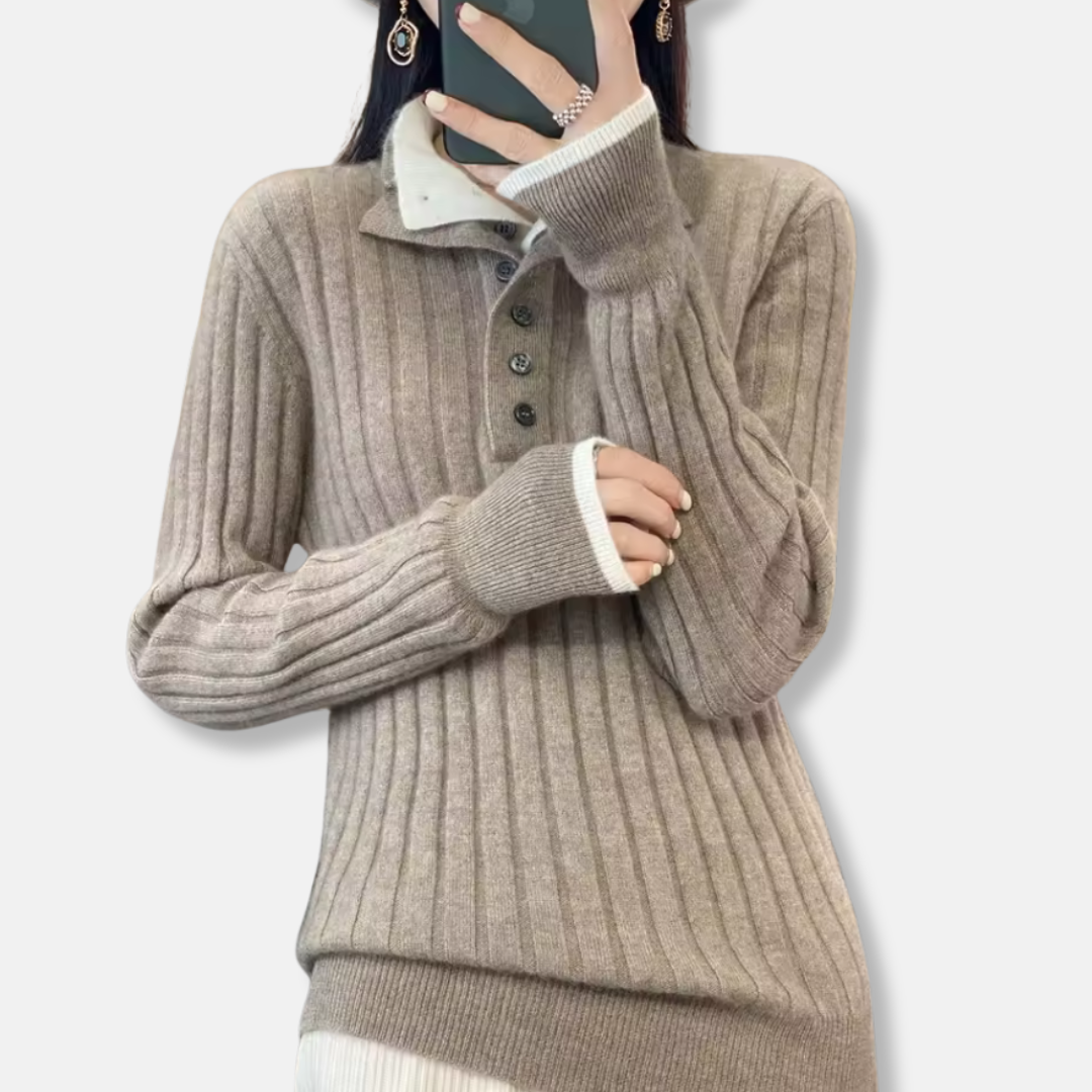Pull Femme en Maille Côtée Col Polo et Patte à Quatre Boutons Style Décontracté Chic