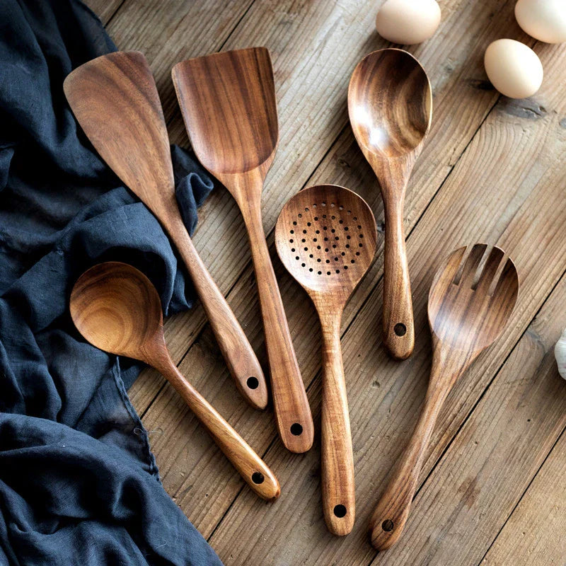 Rustic Wooden Kitchen Utensil Set with Holder - Amawinc