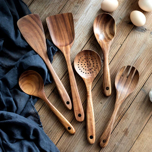 Rustic Wooden Kitchen Utensil Set with Holder - Amawinc