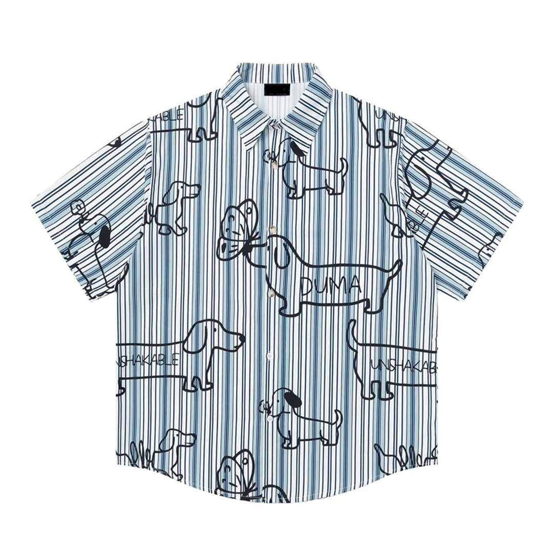 Chemise À Manches Courtes Avec Boutons Rayures Verticales Dessins De Teckels Affirmations Humoristiques Polyester