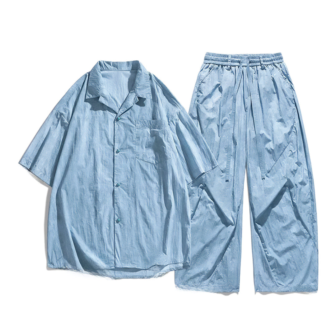 Ensemble Deux Pièces Turquoise En Nylon Léger Avec Cordon De Serrage Chemise Et Pantalon Confortables À Taille Élastique