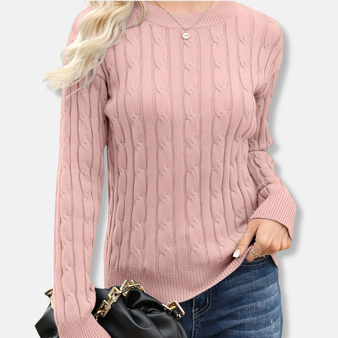 Pull Femme Maille Fine Col Rond Manches Longues Tricot Cable Coupe Décontractée Longueur Sur Les Hanches
