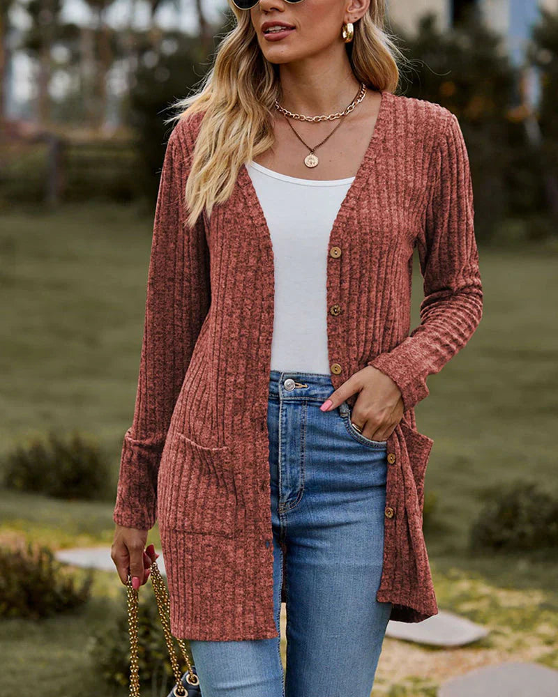 Cardigan Femme Coupe Décontractée Maille Côtelée À Boutons Frontaux Mi Cuisses Poches Nordisk Flair Amawinc