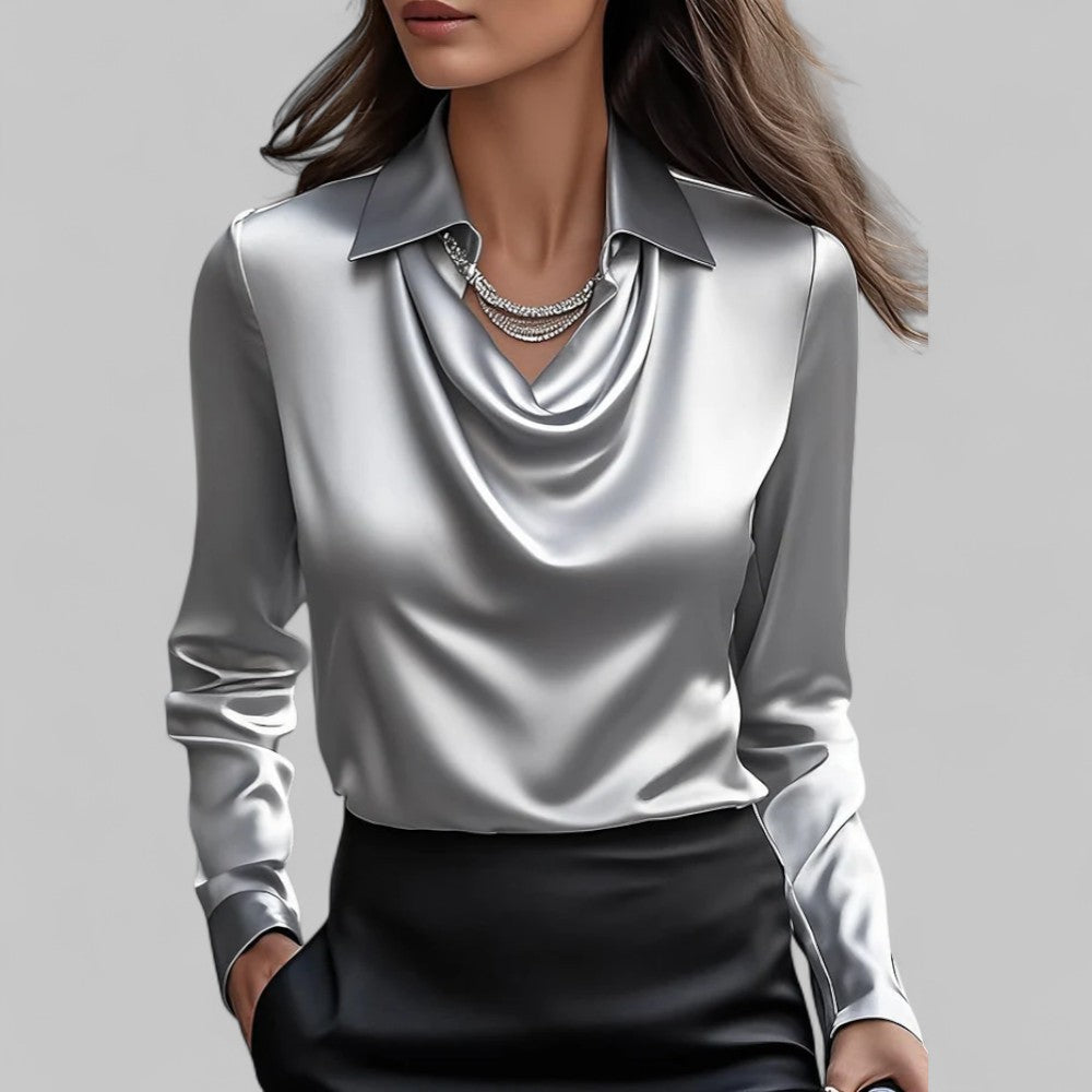 Blouse Satin Drapée Avec Encolure Délicate Rose Pour Femmes Manches Longues Élégante Confortable
