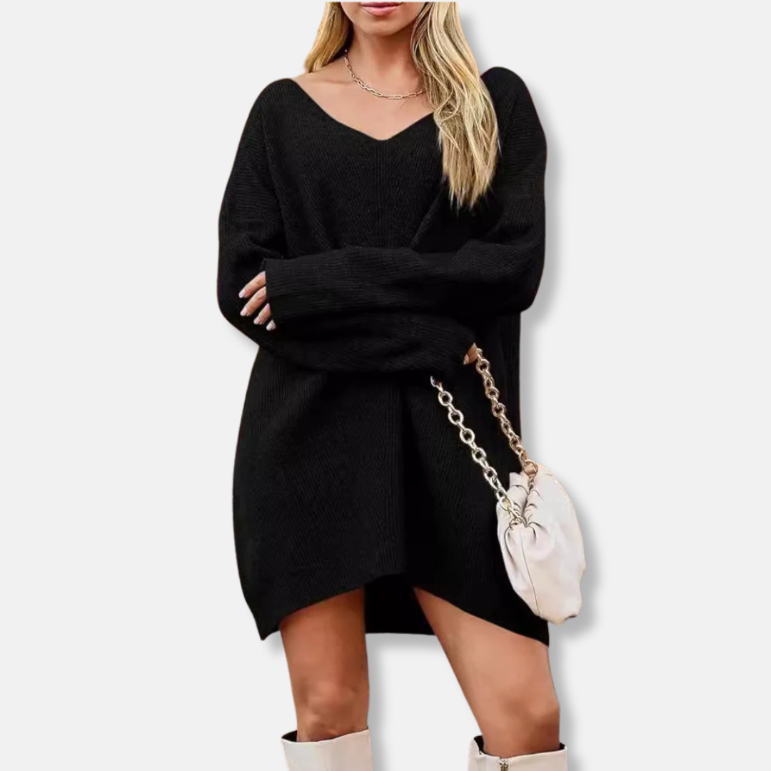 Robe Femme En Maille Côtelée Col V Manches Longues Mini Amawinc Élégante Et Polyvalente