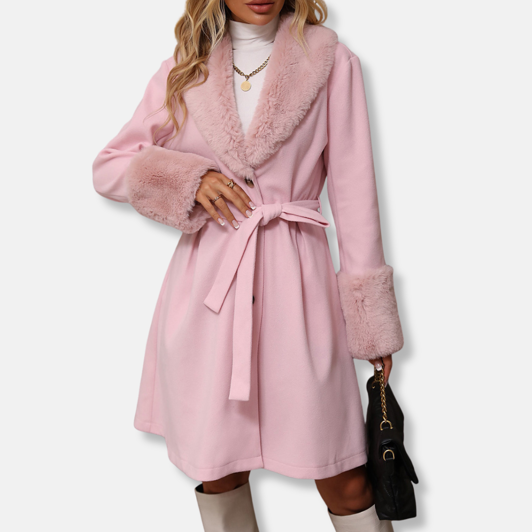 Manteau Trench Femme À Coupe Ajustée Avec Col En Fourrure Et Manchettes En Fourrure Mi Longue Ceinturé