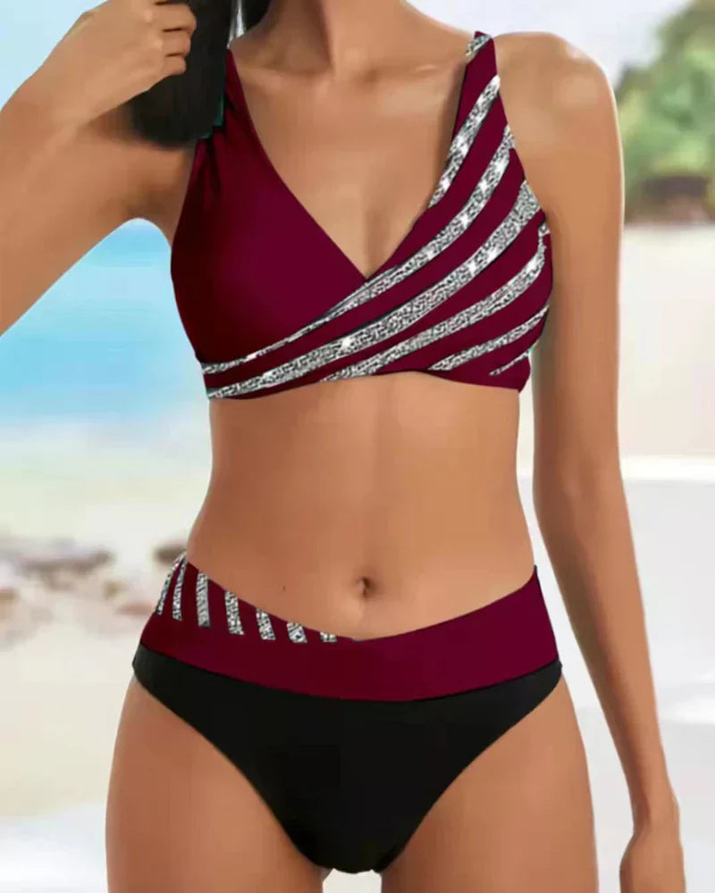 Ensemble Bikini Femme Haut Cache Coeur Taille Haute Nylon Élastique Motif Rayures