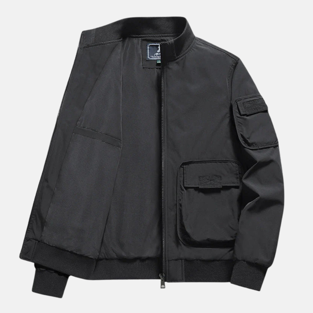 Veste Bomber Homme Bleu Marine À Coupe Décontractée Résistante Au Vent Zip Entier Poches Plaquées Par Amawinc