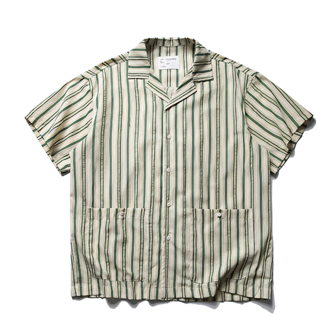 Chemise Camp Collar À Rayures Coastal En Coton Léger Avec Poches Doubles Et 3 Couleurs Vintage