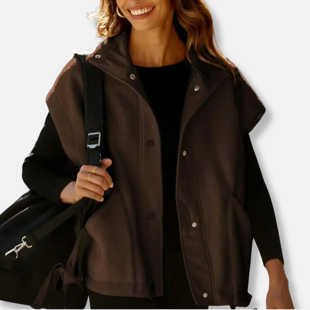 Gilet Femme En Polaire Peluche Coupe Décontractée Oversize Col Montant Fermeture Boutons Pression