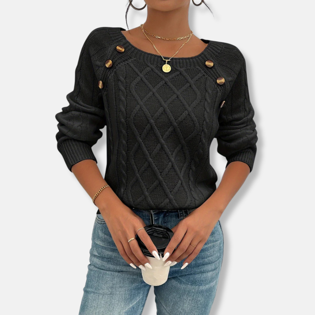 Top En Maille Pour Femme Coupe Décontractée Maille Cable Épaule Tombante Boutons Accent Poignets Côtelés