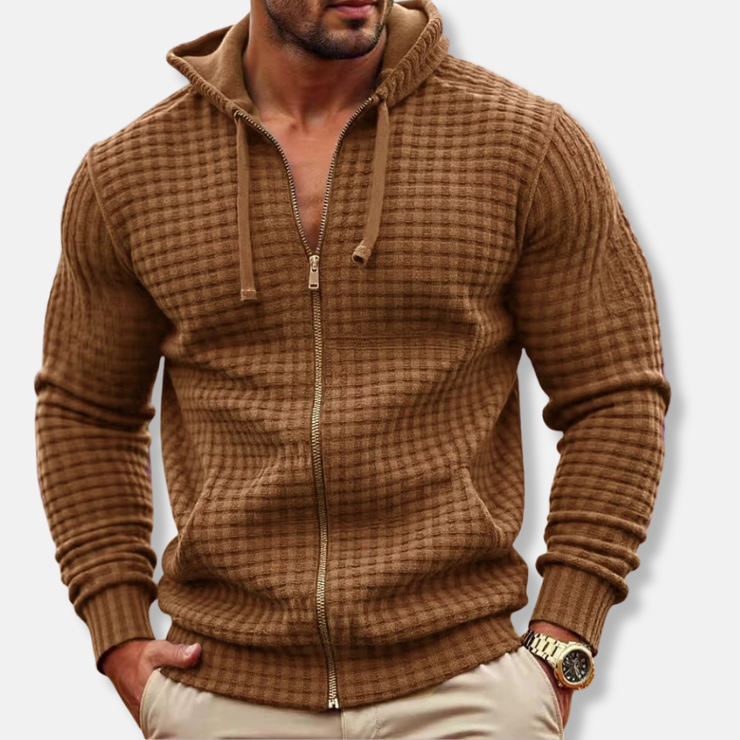 Sweat à Capuche Zippé pour Homme en Mélange de Coton Coupe Regular avec Motif Grille Texturée pour Style Quotidien