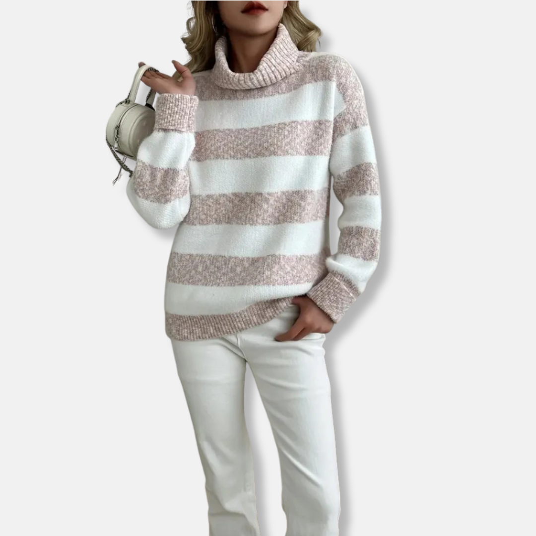 Pull Femme Col Roulé Côtelé En Maille Pelucheuse Coupe Ample À Rayures Pour Femme