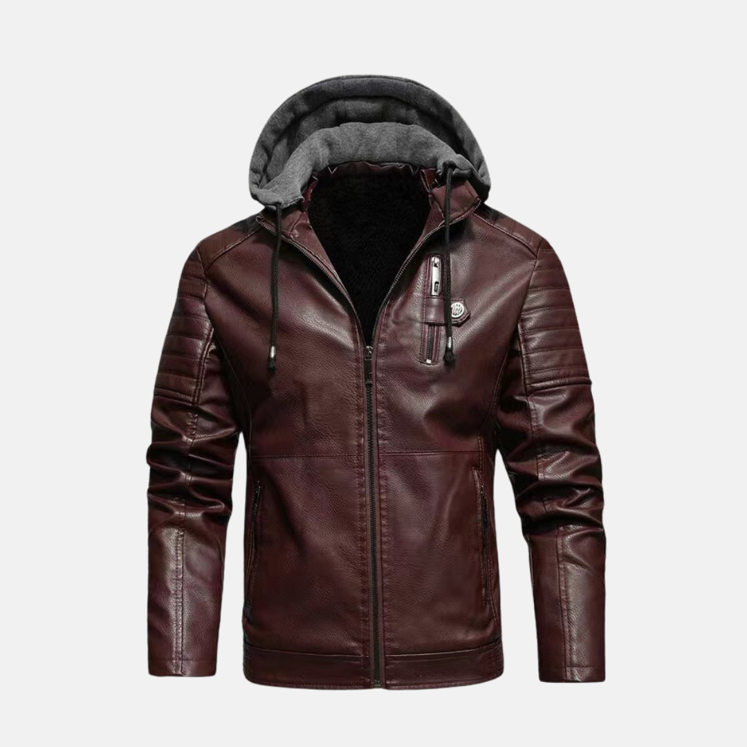 Veste Homme En Cuir Slim Fit Avec Capuche Doublure Peluche Épaules Matelassées Fermeture Éclair