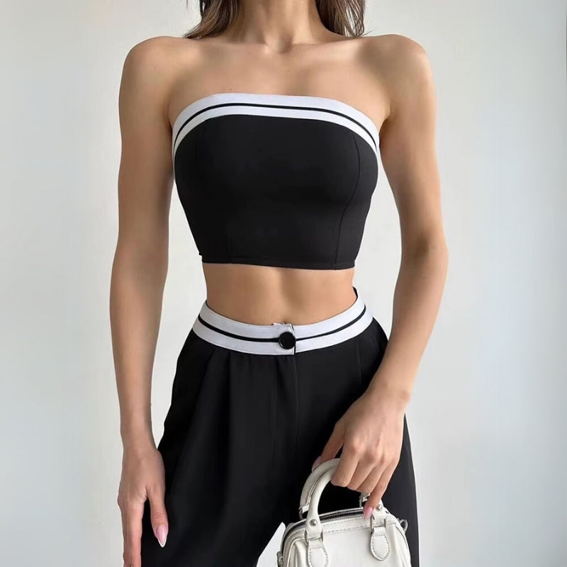 Amoise Ensemble Deux Pièces Bandeau Sculpté Et Pantalon Large Drapé Tissu Léger Respirant
