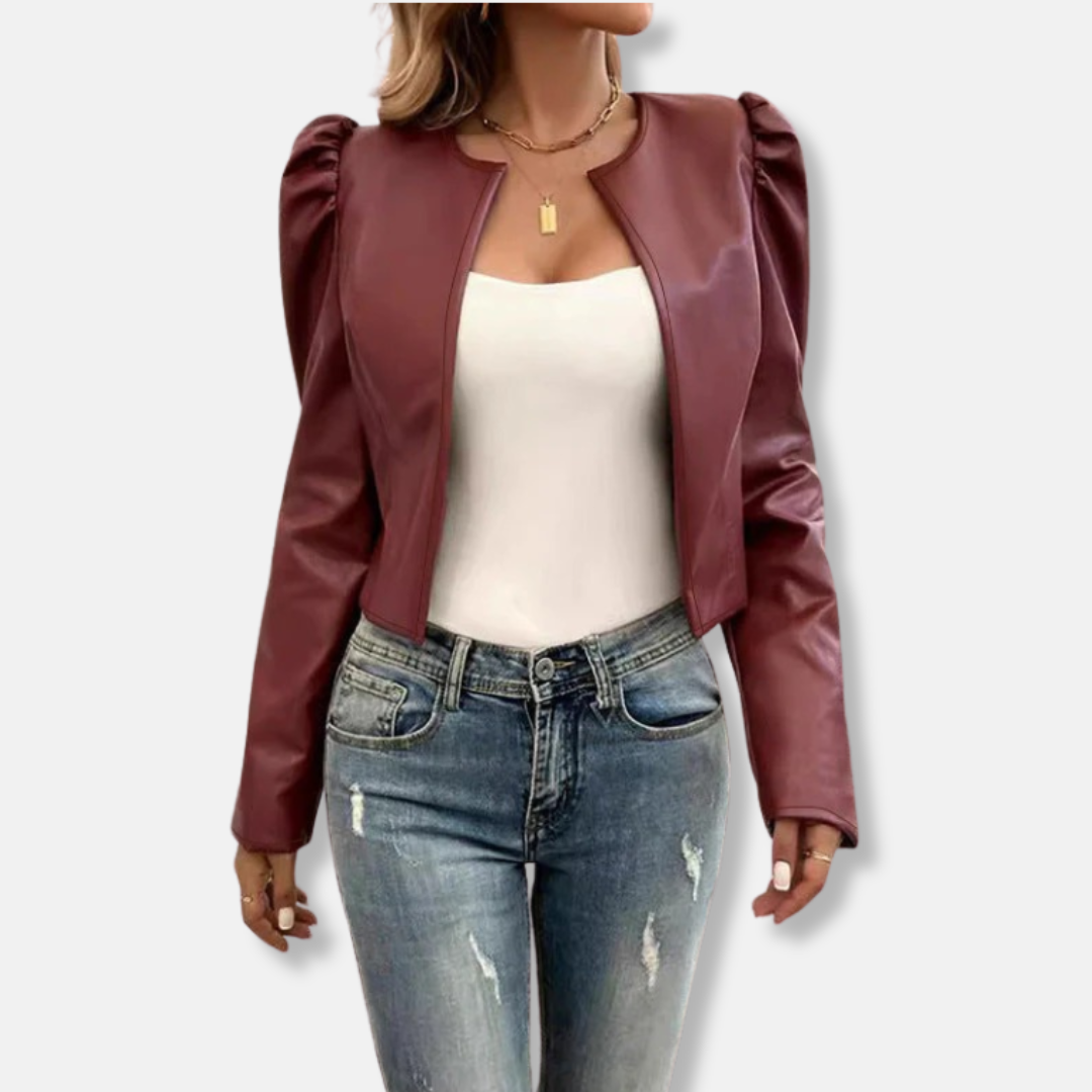 Veste Femme En Faux Cuir Courte Avec Manches Bouffantes Et Ouverture Sans Col Pour Style Moderne