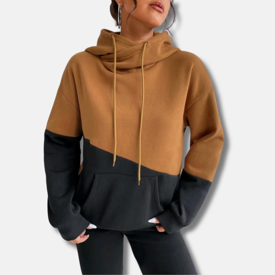 Sweat à Capuche Femme Coupe Décontractée Tissu Tricot Doux Couleur Bicolore Poche Kangourou