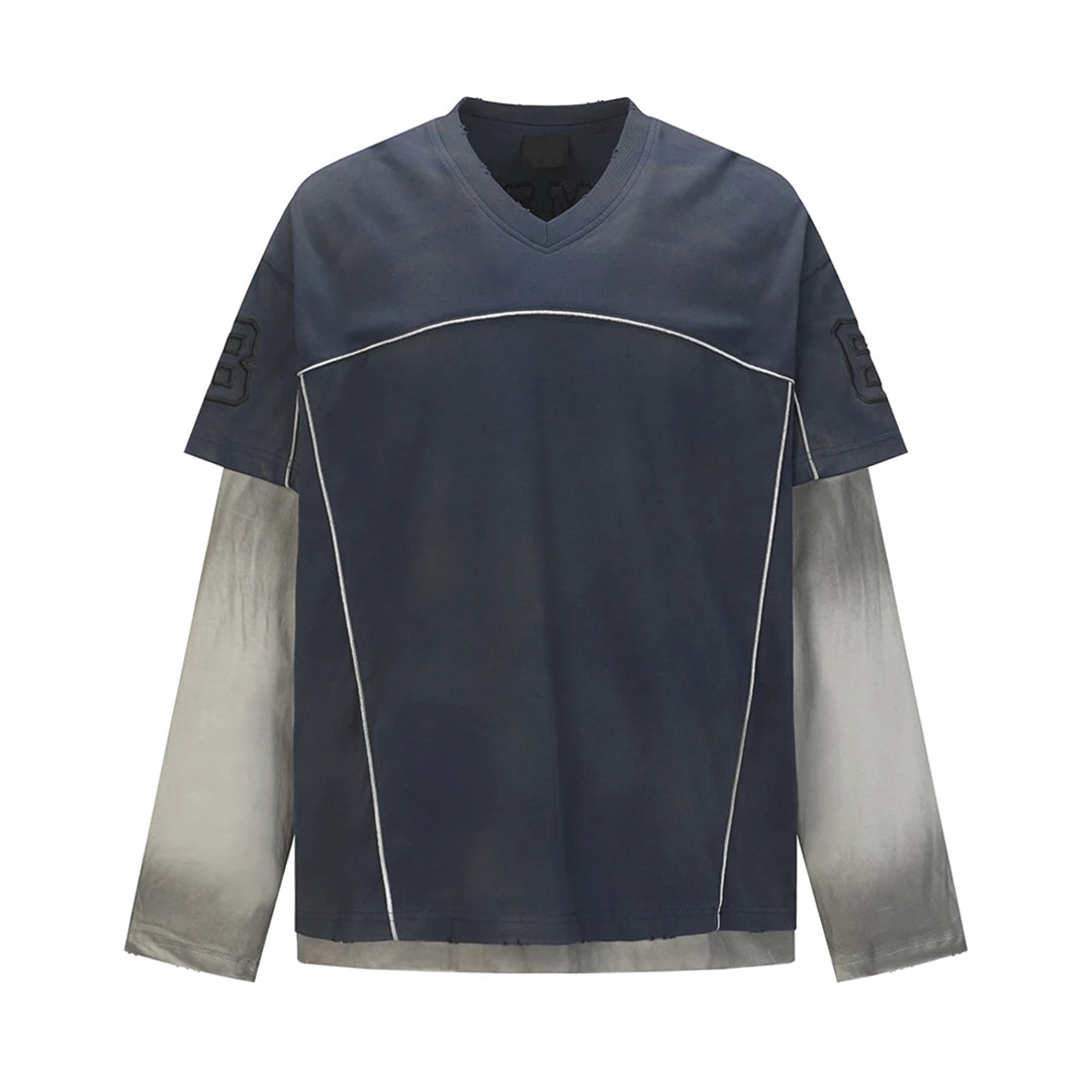 Notte Frame T Shirt En Coton Avec Couches Superposées Et Broderies De Lettres Pour Texture Distinctive Et Col En V Avec Manches Contrastées