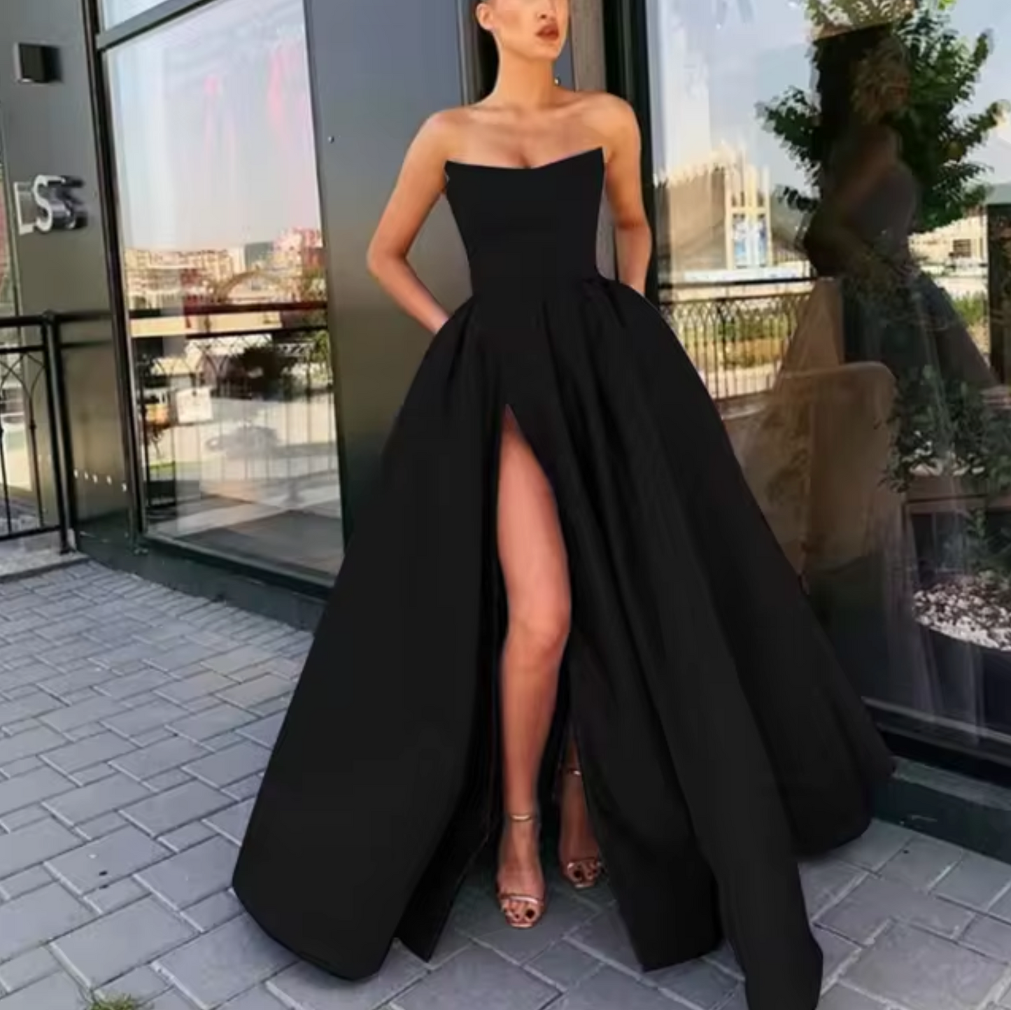 Robe De Soirée Pour Femme Sans Bretelles Coupe A Ligne Longue Avec Fente Haute Élégante