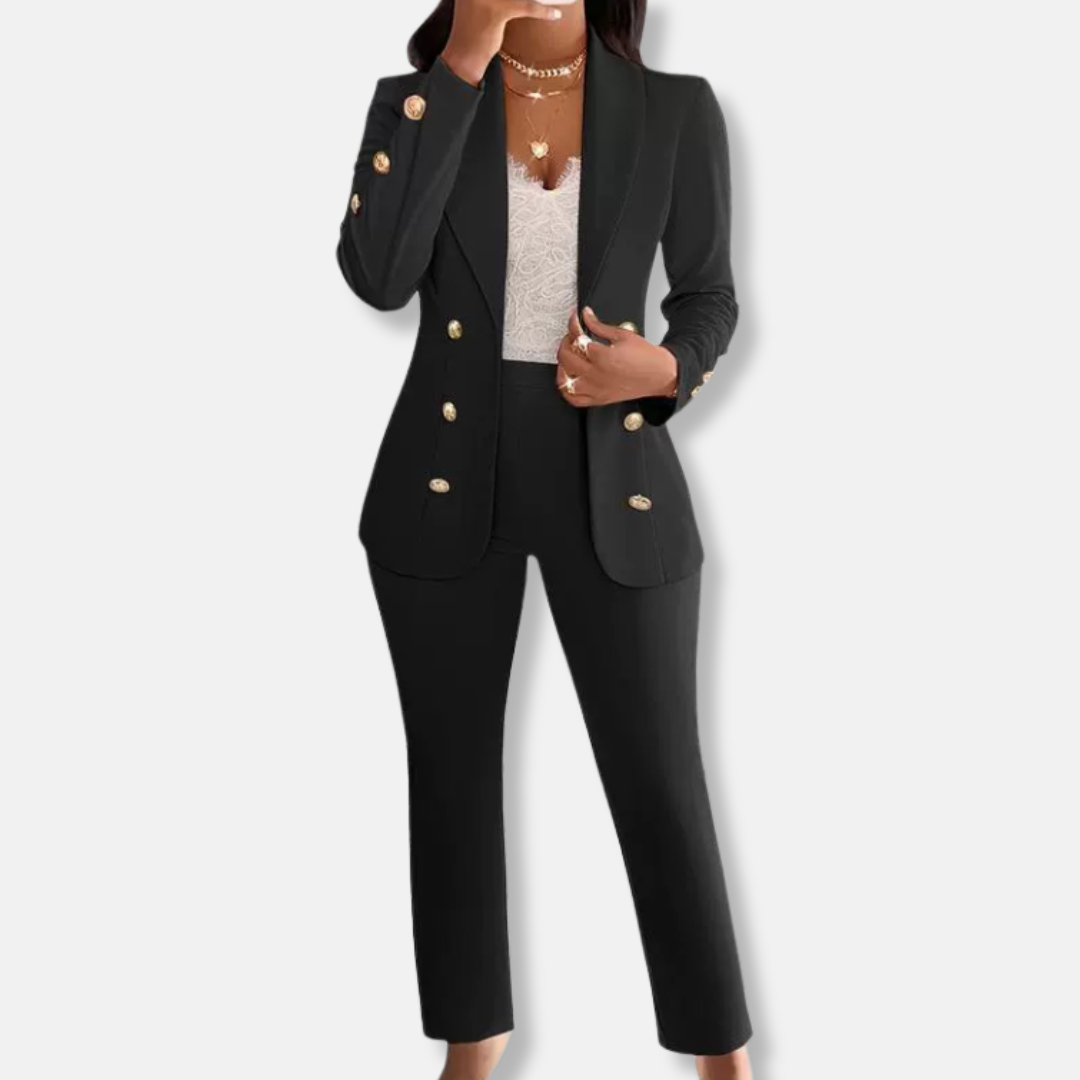 Ensemble Deux Pièces Femme Blazer Slim Fit Double Boutonnage Col Châle Pantalon Jambes Droites