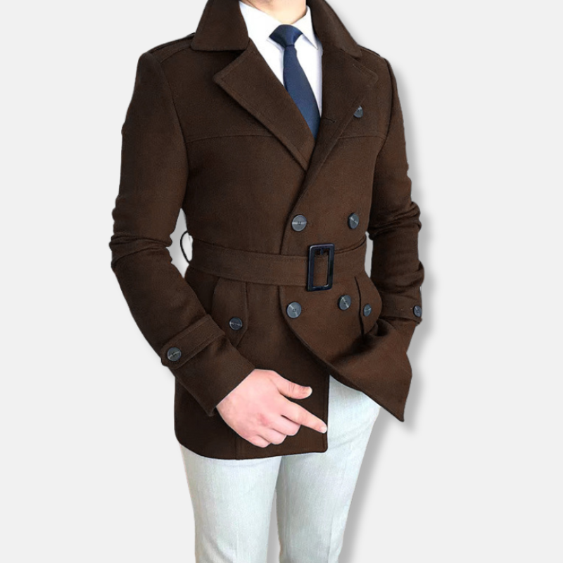 Veste Homme Court Nordisk Flair En Mélange De Laine À Double Boutonnage Avec Ceinture Bordeaux Coupe Ajustée