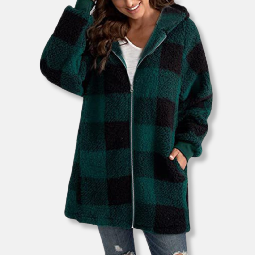 Veste À Capuche Femme Oversize En Maille Douce Longue Avec Zip Complet Et Motif Carreaux