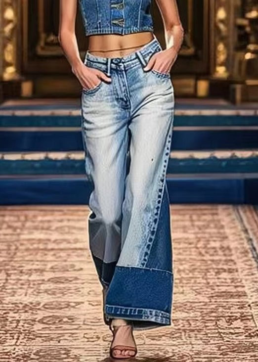 Art Denim bleu poches taille haute Patchwork pantalon court été - Amawinc