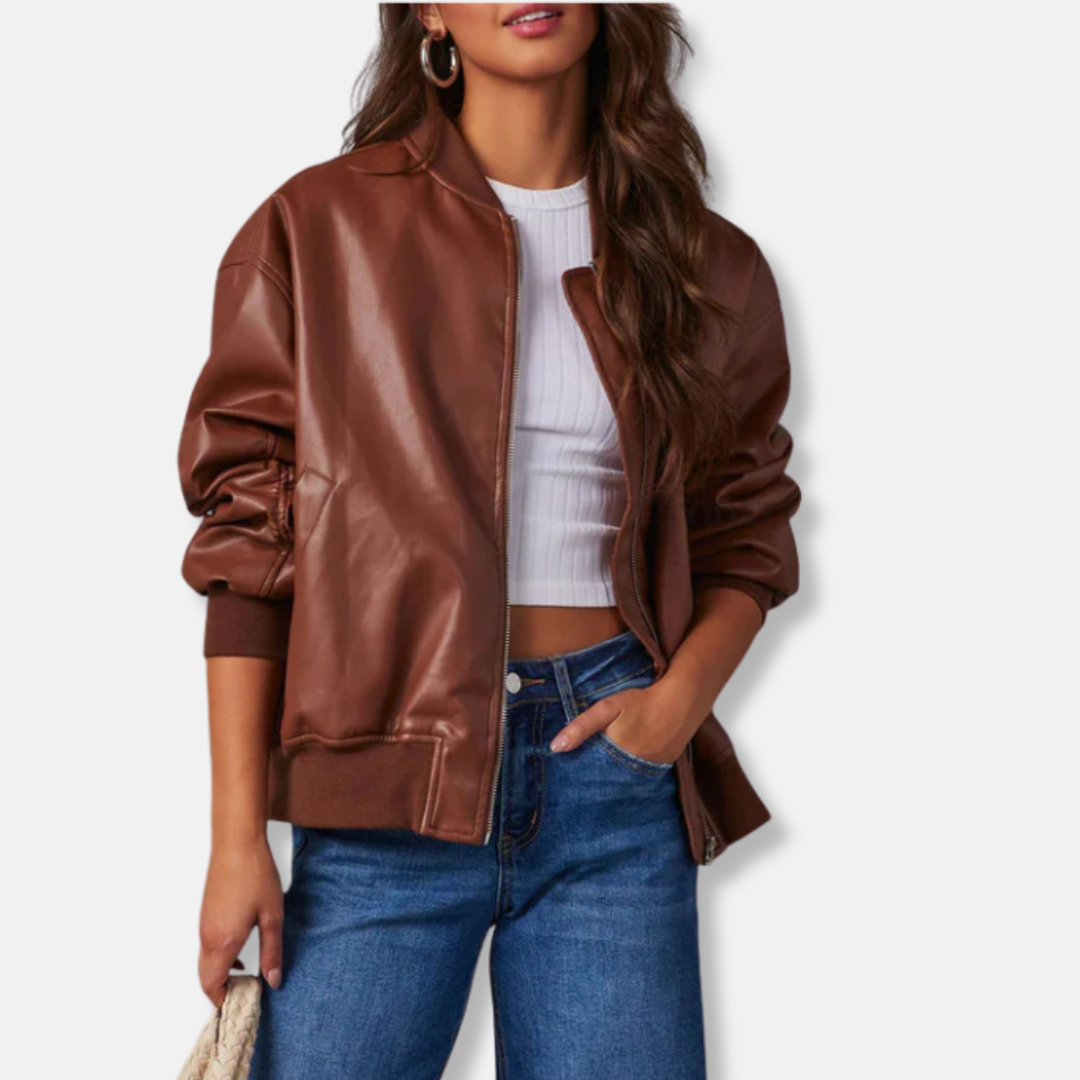 Veste En PU Pour Femmes Oversize Décontractée Avec Bordures Côtelées Et Fermeture Éclair Intégrale
