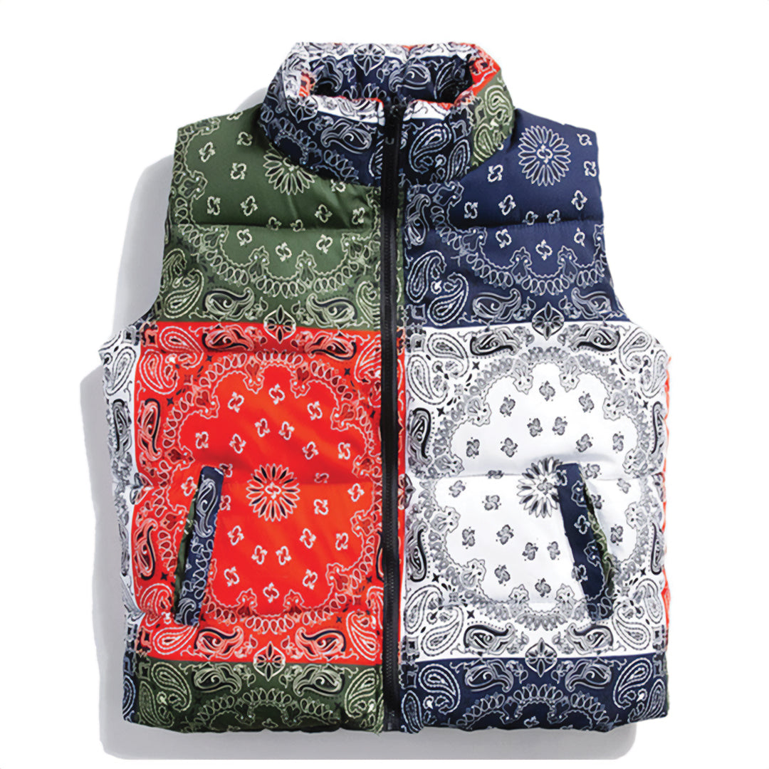 Gilet Matelassé Motif Paisley Zippé Col V Coupe Regular En Coton Et Polyester Pour Saison De Transition