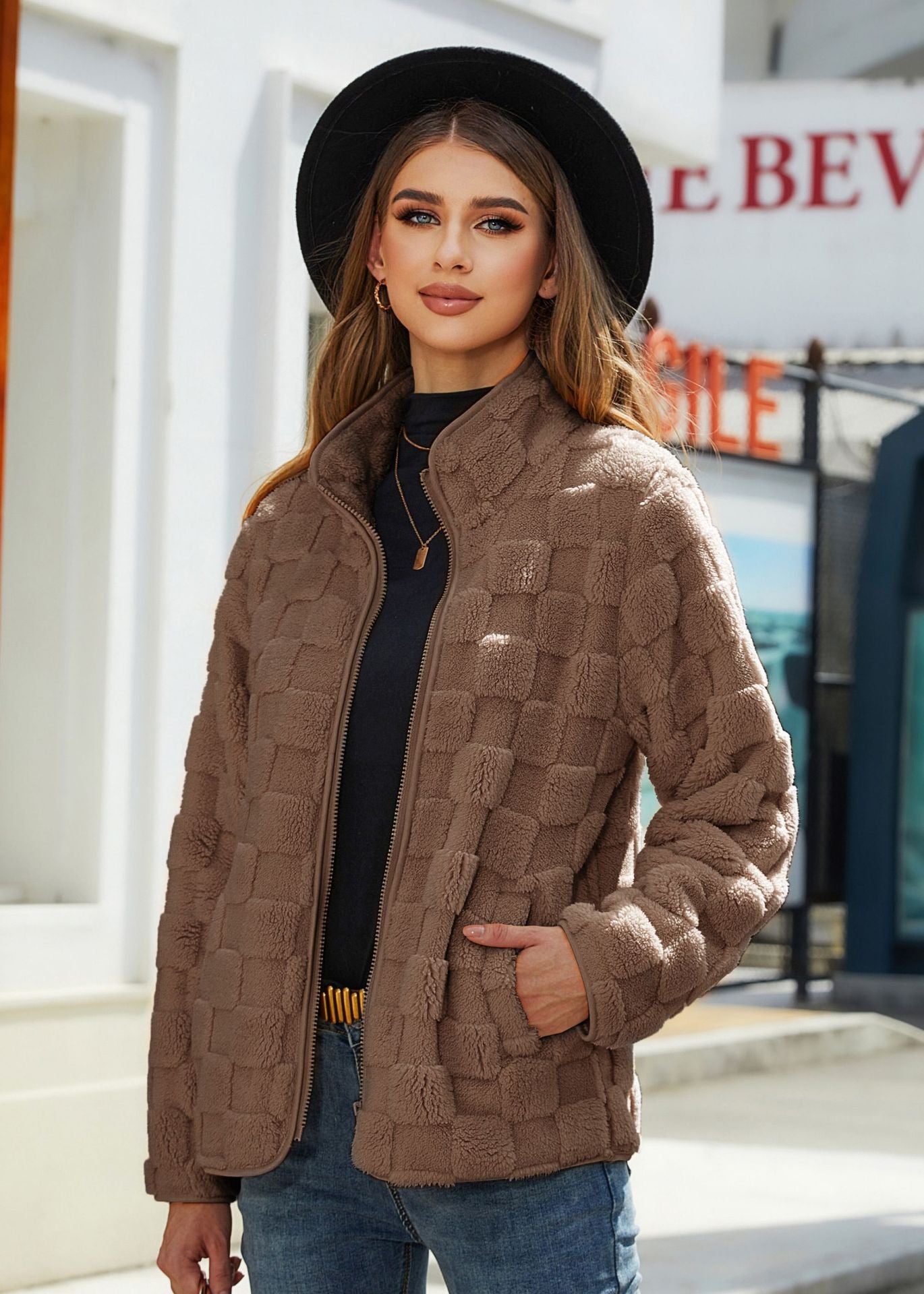Veste Polaire Femme Zip Col Montant Confortable Pour Hiver Chaud Moderne Avec Motif Carreaux