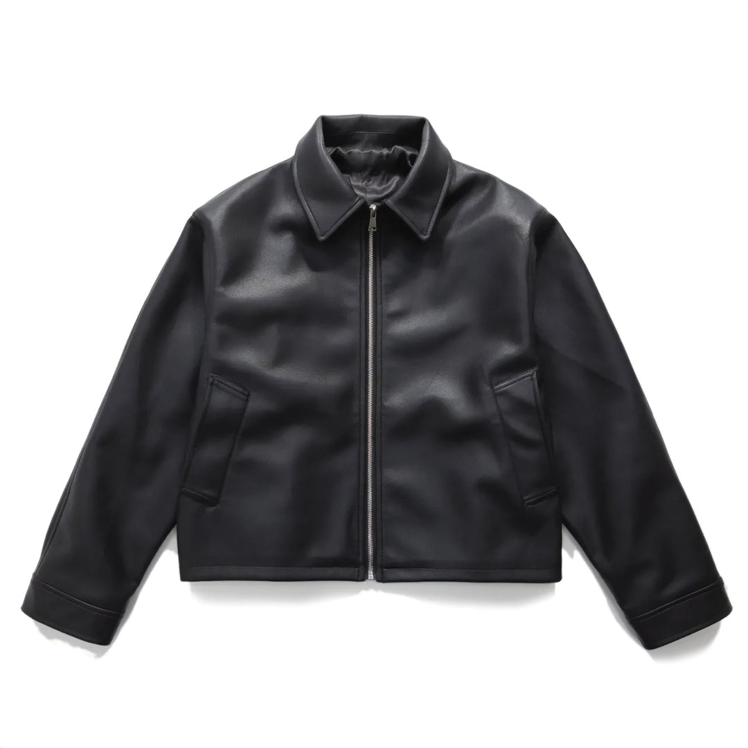 Veste Courte En Cuir Végane Avec Zip Frontal Col Revers Et Couture Parfaite Pour Un Minimalisme Épuré
