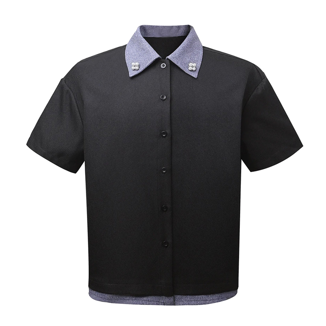 Chemise Déco Col Orné De Perles Manches Courtes Fermeture Par Boutons Coupe Ample
