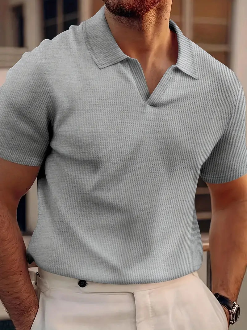 Polo Homme En Maille Côtelée À Manches Courtes Avec Col V Confortable Et Élégant Pour Le Quotidien