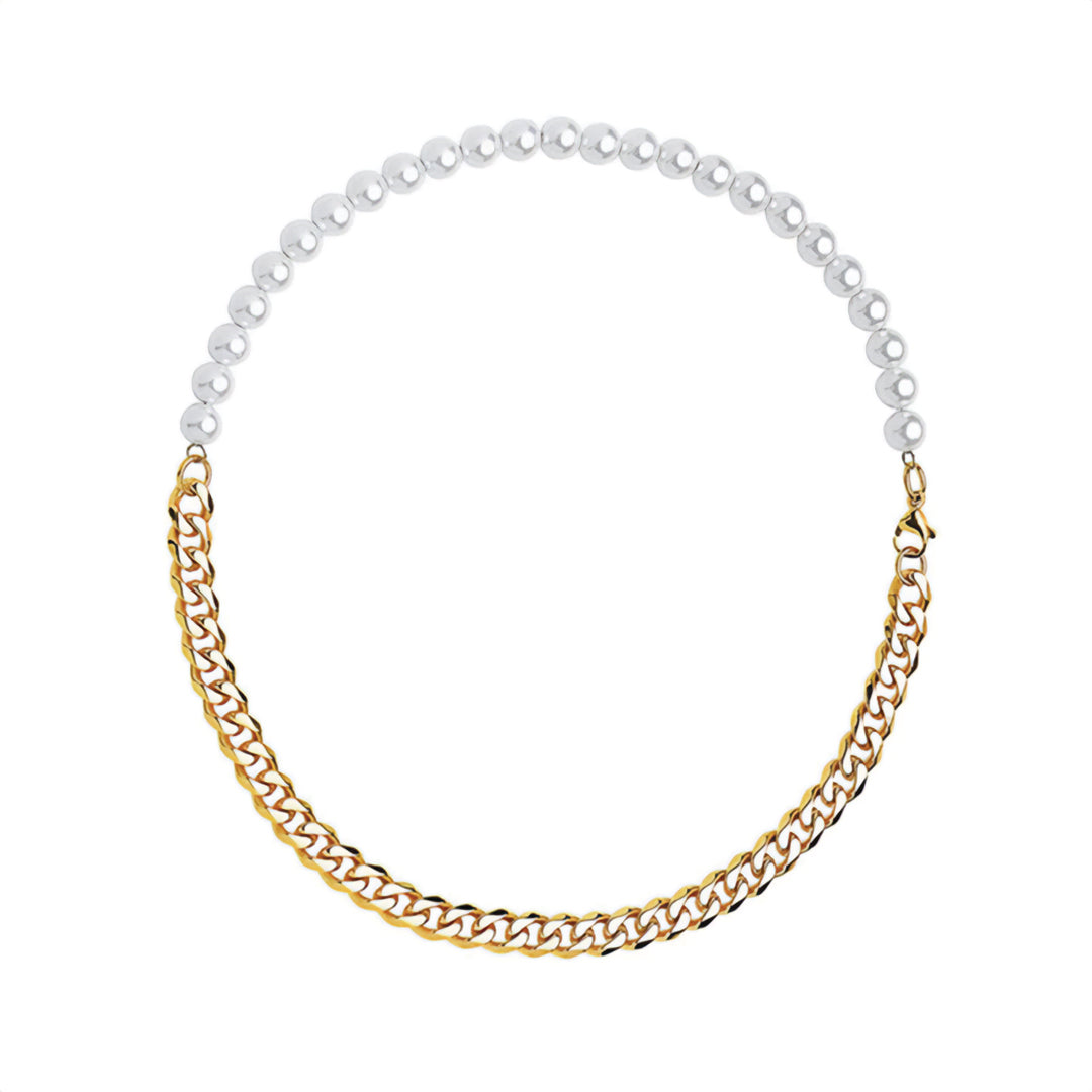 Collier Mi Perles Polies Et Acier Inoxydable Maillons Cubains Double Face Longueur Réglable 45 55 cm