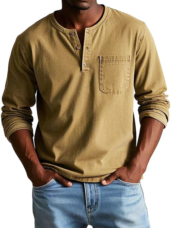 Chemise Henley Décontractée À Manches Longues Pour Homme Amawinc Indigo Classique Confort Quotidien