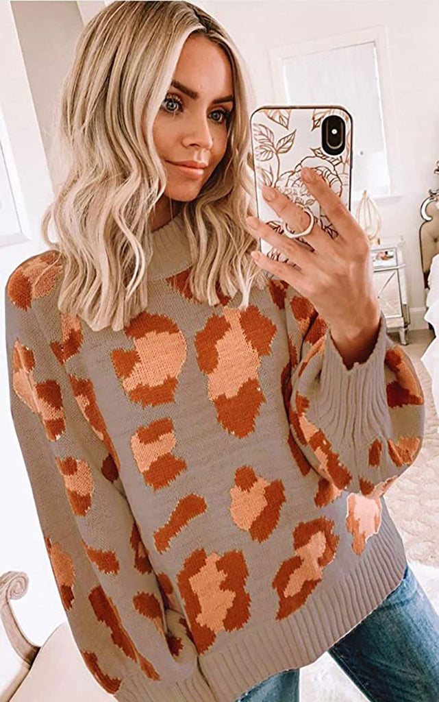Pull Femme Oversize En Laine Mélangée Col Rond Imprimé Léopard Confort Quotidien Chic Décontracté